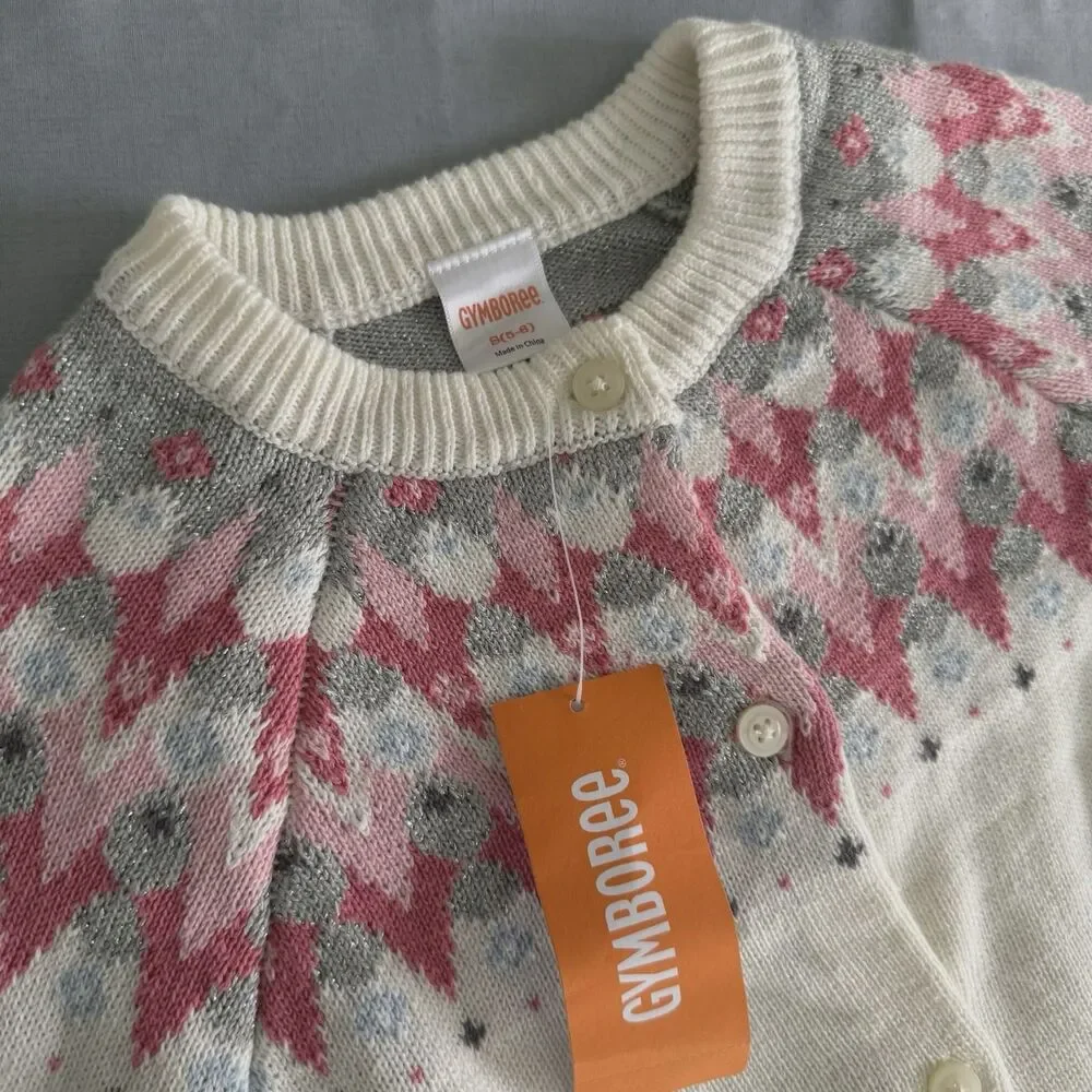 Gymboree Girls S 5/6 Fair Isle Cardigan Sweater Ivory Pink Gray Argyle 2015 NWT